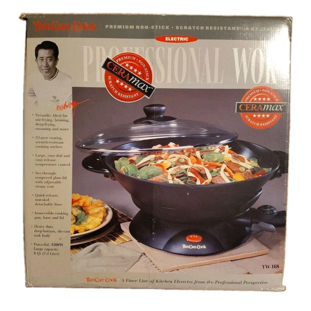 Vintage Yan Can Cook Electric Wok YW-108 Professional 8Qt 1500W No Rack Included